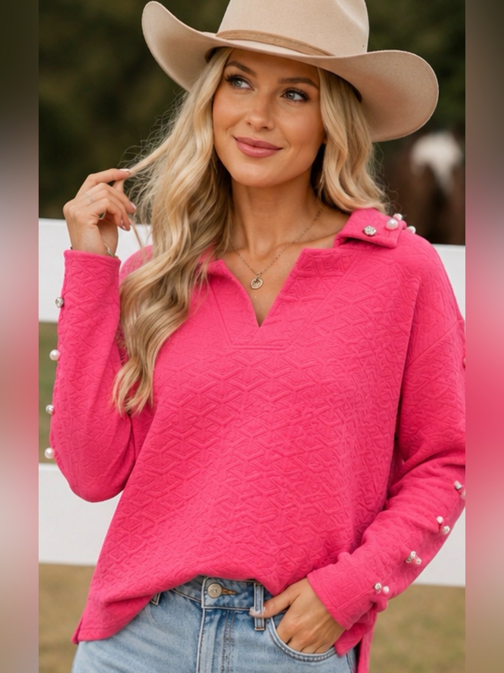 Simply Southern Women's Hot Pink Pearl-Trim V-Neck Sweater